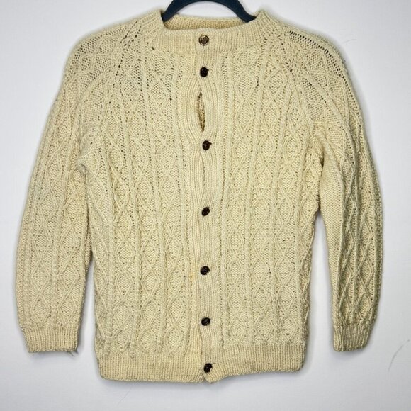 Vintage Aran Style  Fisherman Rustic Cable Knit Wool Button Down Cardigan - Picture 12 of 12